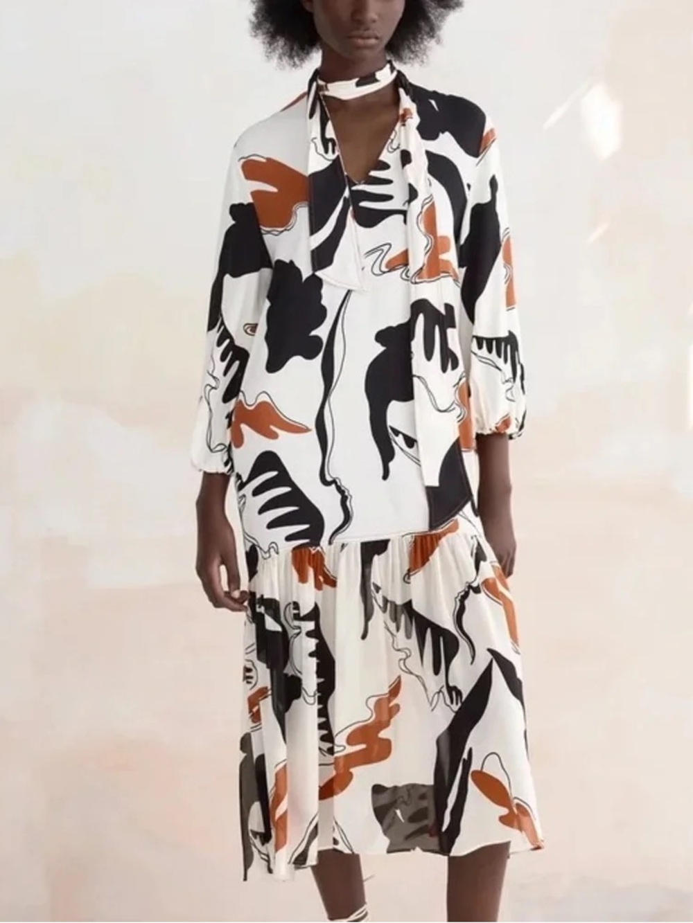 Zara Abstract Print White Midi Dress with Black & andRust Accents